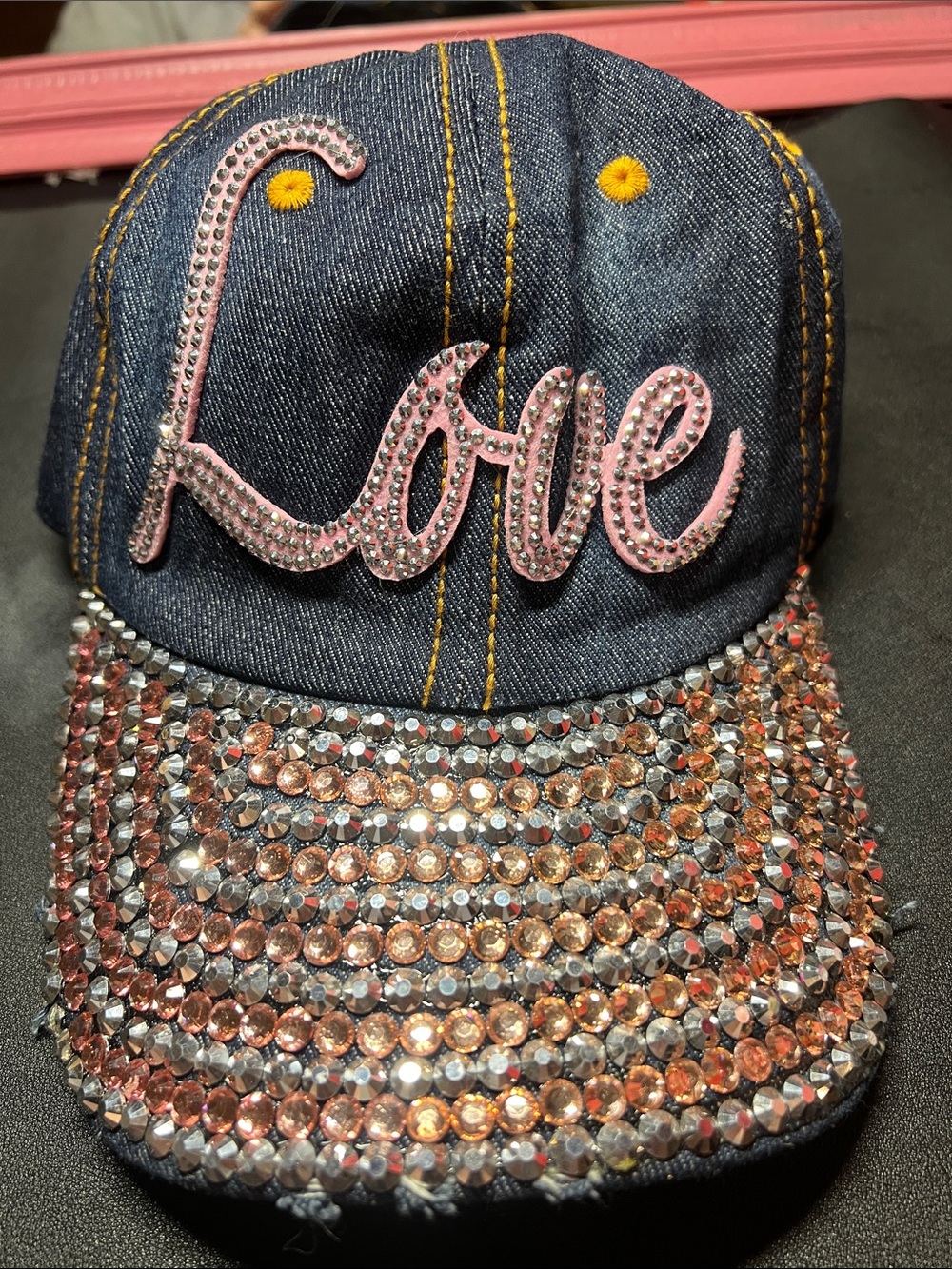 Denim 'Love' Rhinestone Baseball Cap - Pink & Clear Bling